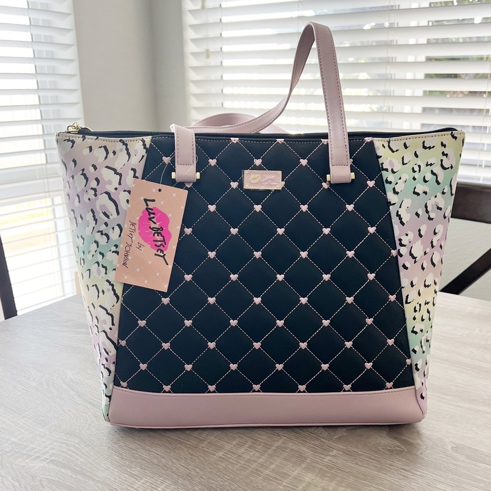 Betsey Johnson faux leather quilted tote purse - pastel rainbow leopard